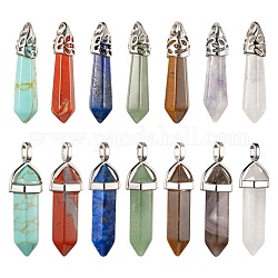 14Pcs 14 Style Chakra Natural & Synthetic Gemstone Pendants, with Platinum Tone Brass/Alloy Findings, Bullet, 33~45x8~12mm, hole: 3x2mm, 1pc/style