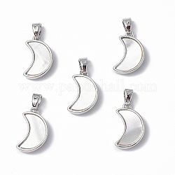 Brass Charms, with Freshwater Shell, Nickel Free, Crescent Moon Charm, Platinum, 15.5x10x3mm, Hole: 4.5x2.5mm