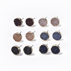 Electroplate Druzy Resin Stud Earrings, with Iron Pins and Light Gold Plated Iron Findings, Flat Round, Mixed Color, 10mm, Pin: 0.6mm