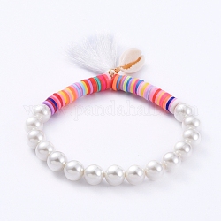 Bracciali elasticizzati con nappine, con perle di heishi fatte a mano con argilla polimerica, perle conchiglia e perle conchiglia di ciprea naturale, bianco, 2-1/4 pollice (5.7 cm)