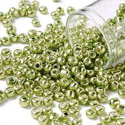 6/0 perles de rocaille en verre, style de couleurs métalliques, ronde, kaki foncé, 6/0, 4mm, Trou: 1.5mm, environ 500 pcs/50 g