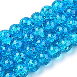 Brins de perles de verre transparentes craquelées peintes à la bombe, ronde, bleu profond du ciel, 8mm, Trou: 1.3~1.6mm, Environ 100 pcs/chapelet, 31.4 pouce