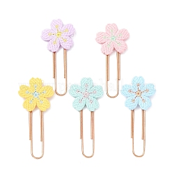 Polyester Embroidered Flower Bookmarks, Rose Golden Iron Paper Clips, Mixed Color, 58x25x3.5mm