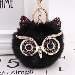 Pom Pom Ball Keychain, with KC Gold Tone Plated Alloy Lobster Claw Clasps, Iron Key Ring and Chain, Owl, Black, 12cm