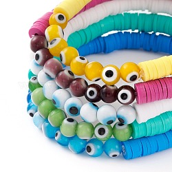 Conjuntos de pulseras elásticas de cuentas de heishi de arcilla polimérica, pulseras apilables, con ojos de mal de ojo perlas redondas, color mezclado, diámetro interior: 2-1/8 pulgada (5.3 cm), 5 PC / sistema