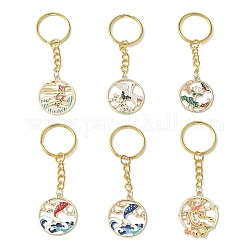 Legierungs-Emaille-Anhänger-Schlüsselanhänger, mit eisernen Schlüsselringen, flach rund mit Fisch/Phönix/Blume, Mischfarbe, 8~8.5 cm, 6 Stück / Set