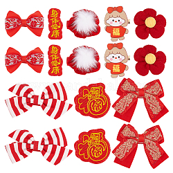 Conjunto de pinzas para el cabello de cocodrilo de tela de flor de bowknot de año nuevo chino, accesorios para el cabello para el regalo de los niños del festival de primavera, patrón de la muchacha, 21~59x49~69x13~15mm, 8 PC / sistema