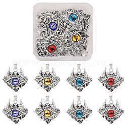 8Pcs 4 Colors Glass Pendants, with Antique Silver Plated Alloy Findings, Skull with Evil Eye, Mixed Color, 37.5x39x6mm, Hole: 6x4mm, 2pcs/color