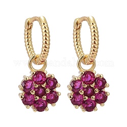 Brass Micro Pave Cubic Zirconia Huggie Hoop Earrings, Long-Lasting Plated, Flower, Deep Pink, Real 18K Gold Plated, 24mm, Pin: 0.8mm