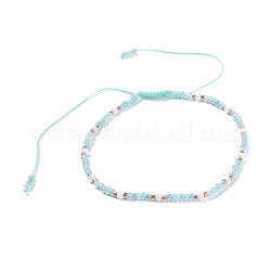 Adjustable Nylon Thread Braided Beads Bracelets, with Glass Seed Beads and Glass Bugle Beads, Aqua, 2 inch(5cm)