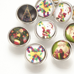 Bottoni automatici in vetro ottone modello natalizio, pulsanti di gioielli, rotondo e piatto, platino, colore misto, 12x8mm, knob: 4.5mm