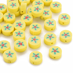 Handmade Polymer Clay Beads, Flat Round with Christmas Holly Leaves, Yellow, 10x4mm, Hole: 1.6mm