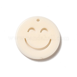 Colgantes acrílicos opacos, plano y redondo con la cara sonriente, blanco floral, 19.5x2mm, agujero: 1.4 mm