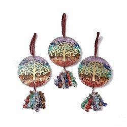 Chakra Resin Gemstone Pendant Decorations, with Gemstone Chips Tassels, Rack Plating Golden Brass Tree of Life Sheet, with Velvet Pouches, Flat Round, 210mm, 1pc/bag