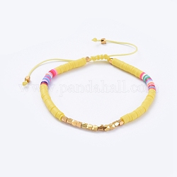 Adjustable Braided Bead Bracelets, with Handmade Polymer Clay Heishi Beads and Brass Beads, Yellow, 2-3/8 inch~3-5/8 inch(6~9.2cm)
