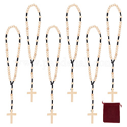 ARRICRAFT 6Pcs Wood Cross Hanging Pendant Decorations, with Wood Beads and Nylon Thread, for Car Rear View Mirror, with 6Pcs Rectangle Velvet Pouches, Moccasin, Pendant Decorations: 325mm long; Pouches: 12x10cm