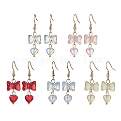 Boucles d'oreilles pendantes en verre avec nœud papillon et cœur, Boucles d'oreilles en 304 acier inoxydable, couleur mixte, 43x14mm