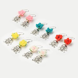 Trendy Dangle Handmade Polymer Clay Flower Earrings for Women, with Tibetan Style Skull Pendants and Brass Earring Hooks, Mixed Color, 40mm