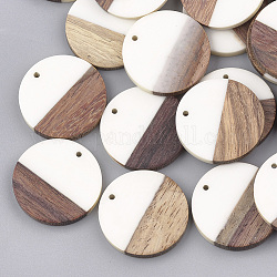 Resin & Walnut Wood Pendants, Flat Round, White, 28.5x3.5~4mm, Hole: 1.5mm