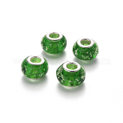 Main lumineux chalumeau perles européennes, brillent dans le noir, Perles avec un grand trou   , en laiton de tonalité de platine noyaux doubles, rondelle, verte, 14~15x10~11mm, Trou: 5mm