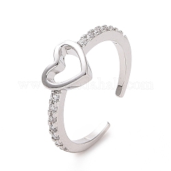 Anello con polsino aperto a cuore aperto con zirconi cubici trasparenti, gioielli in ottone per le donne, platino, misura degli stati uniti 7 1/2 (17.7mm)