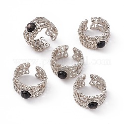 Anillos de manguito de obsidiana natural hueca, anillos abiertos de latón en tono platino para mujer, 10.5~11.5mm, diámetro interior: 17 mm