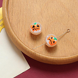 Perline di perle imitazione resina di Halloween, stile smalto, tondo con motivo a zucca, arancio rosso, 12mm