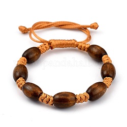 Adjustable Korean Waxed Polyester Cord Kid Braided Beads Bracelets, with Spray Painted Natural Maple Wood Barrel Beads, Dark Orange, Inner Diameter: 1-5/8~3-1/8 inch(4.1~8cm)