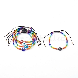 Bracciali di perline intrecciate con cordino in nylon regolabile arcobaleno, con perline semi di vetro, perline a lume di malocchio e perline di ottone, oro, colore misto, diametro interno: 1-7/8~3-3/8 pollice (4.8~8.5 cm)