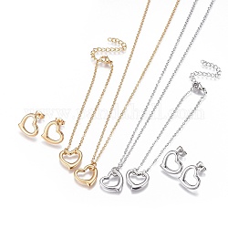 304 Stainless Steel Jewelry Sets, Bracelets, Necklaces and Earrings, Heart, Golden & Stainless Steel Color, 18.1 inch(46cm), 1mm, 6-7/8 inch(17.3cm), 1mm, 14x14x2mm, Pin: 0.9mm