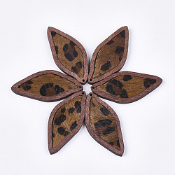 Eco-Friendly Cowhide Leather Big Pendants, with Dyed Wood, Leopard Print Pattern, Chocolate, 50x23x4mm, Hole: 1.2mm