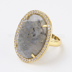 Natural Labradorite Adjustable Finger Ring, Wide Band Rings, with Rhinestone and Brass Finding, Oval, Size 7, Golden, 17mm