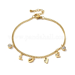 Rhinestone Word Love Charm Anklet, Ion Plating(IP) 304 Stainless Steel Jewelry for Women, Golden, 8 inch(20.4cm)