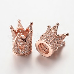 Perles de zircone cubique micro pave en Laiton, couronne, sans plomb et sans nickel, or rose, 12x9mm, trou: 1 mm et 5 mm