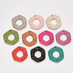 Resin Pendants, Imitation Woven Rattan Pattern, Hexagon, Mixed Color, 38x35x4mm, Hole: 2.5mm