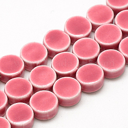 Abalorios de porcelana hechas a mano, porcelánico esmaltado brillante, plano y redondo, color de rosa caliente, 8~8.5x4~4.5mm, agujero: 2 mm