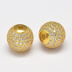 Runde Rack-Beschichtung Messing Micro pave Zirkonia Perlen, langlebig plattiert, Nickelfrei, golden, 12 mm, Bohrung: 1.5 mm