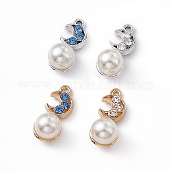 Pendentifs en alliage avec strass, avec des perles abs d'imitation de perles, charme de lune, platine et d'or, couleur mixte, 19x8x8.5mm, Trou: 1.4mm
