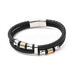Bracelet double couche tressé en cuir de vachette avec 304 fermoirs magnétiques en acier inoxydable, bijoux gothiques pour hommes femmes, noir, 10 pouce (25.5 cm)