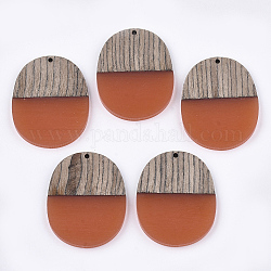 Colgantes de resina y madera de wengué, oval, coral, 44.5x34.5~35.5x3~4mm, agujero: 2 mm