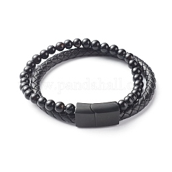 Mehrsträngige Armbänder aus natürlichem Obsidian mit runden Perlen, mit geflochtenem Rindsleder, Schwarz, 8-7/8 Zoll (22.5 cm)