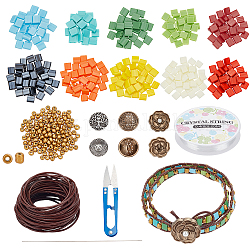 Nbeads DIY-Kit zur Herstellung von Fliesenarmbändern, einschließlich Glas Saatperlen, Knöpfe aus rosafarbener und halbrunder Legierung, Rindslederband, elastischen Faden, Schere, Mischfarbe