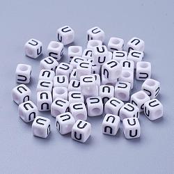 Perles de lettre de trou horizontal acrylique, cube, blanc, lettre u, taille:  Largeur environ 6mm, Longueur 6mm, hauteur de 6 mm , trou: environ 3.2 mm, environ 2600 pcs/500 g