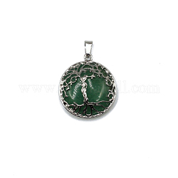 Natural Green Aventurine Pendants, Tree of Life Charms with Platinum Plated Alloy Findings, 31x27mm