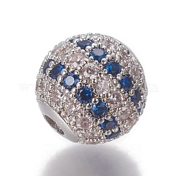 Messing Zirkonia Perlen, Runde, Blau, Platin Farbe, 10x9.5 mm, Bohrung: 2.5 mm