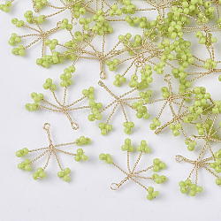 Glass Seed Beads Wire Wrapped Pendants, with Golden Plated Brass Wires, Tree, Yellow Green, 15~16x18~21x2~3mm, Hole: 1.2mm