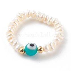 Natural Cultured Freshwater Pearl Beaded Stretch Rings, with Handmade Evil Eye Lampwork Round Beads and Real 18K Gold Plated Brass Beads, Turquoise, Inner Diameter: 19mm
