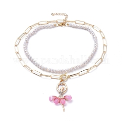 Pendant & Beaded Necklaces Sets, with Natural Pearl, Alloy Resin Pendants, Iron Paperclip Chains, 304 Stainless Steel Lobster Claw Clasps & Toggle Clasps, Ballet Girl, Pink, 17.44 inch(44.3cm), 13.3 inch~14.88 inch(33.8~37.8cm), 2pcs/set