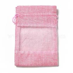 Sacchetti di lino, borse coulisse, con finestre in organza, rettangolo, perla rosa, 14x10x0.5cm