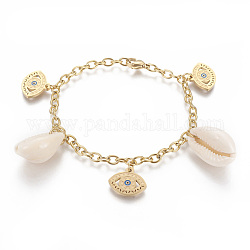 304 Stainless Steel Charm Bracelets, with Natural Cowrie Shell and Enamel, Evil Eye, Golden, 8 inch(20.2cm), 4mm